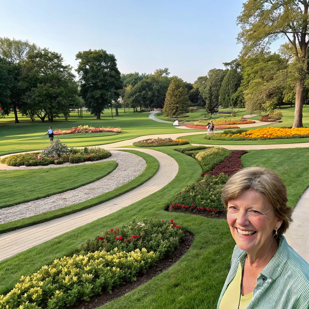 Smiling customer at a landscaped public park