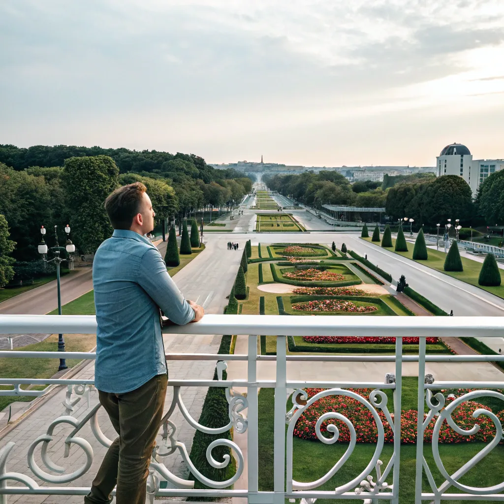 Content customer overlooking a landscaped boulevard