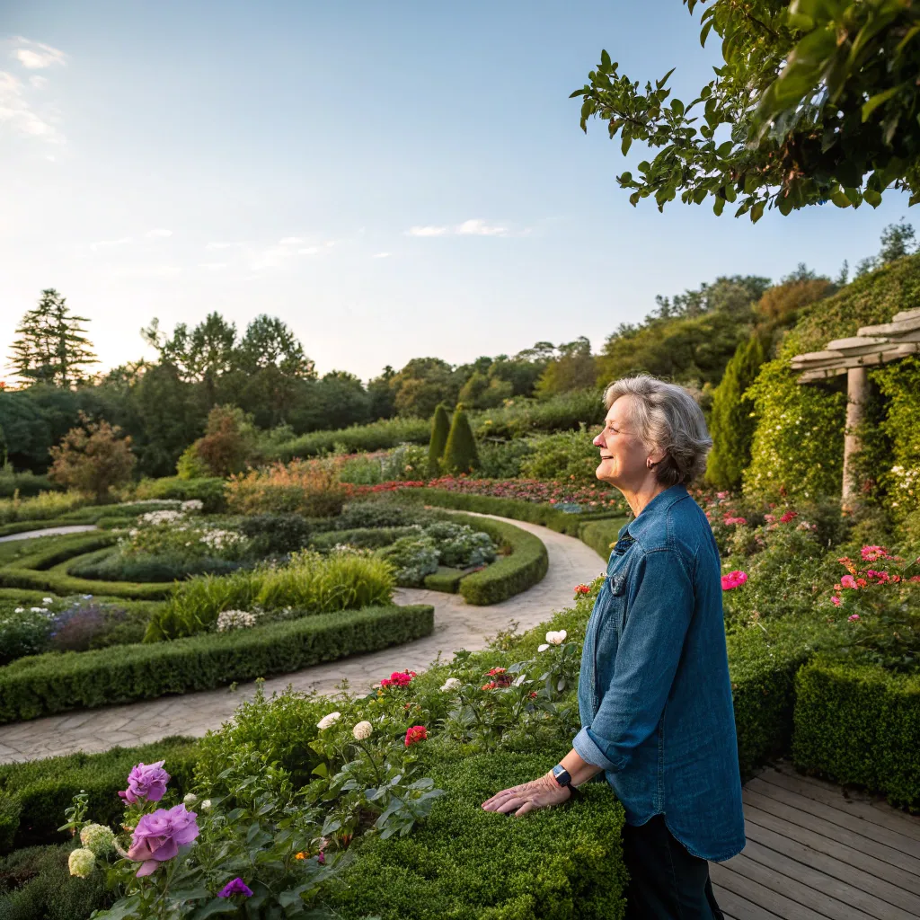 Satisfied client standing in a beautifully designed garden