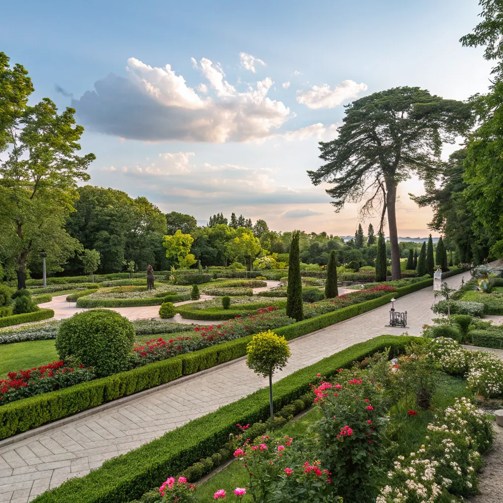 Beautiful public area landscaping with greenery and pathways